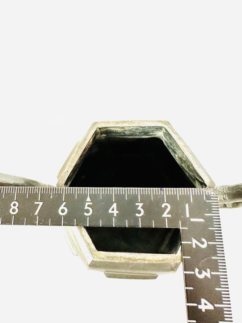 N890　茶道具　水注　錫製　約834g　六角形茶器　獅子彫刻付き