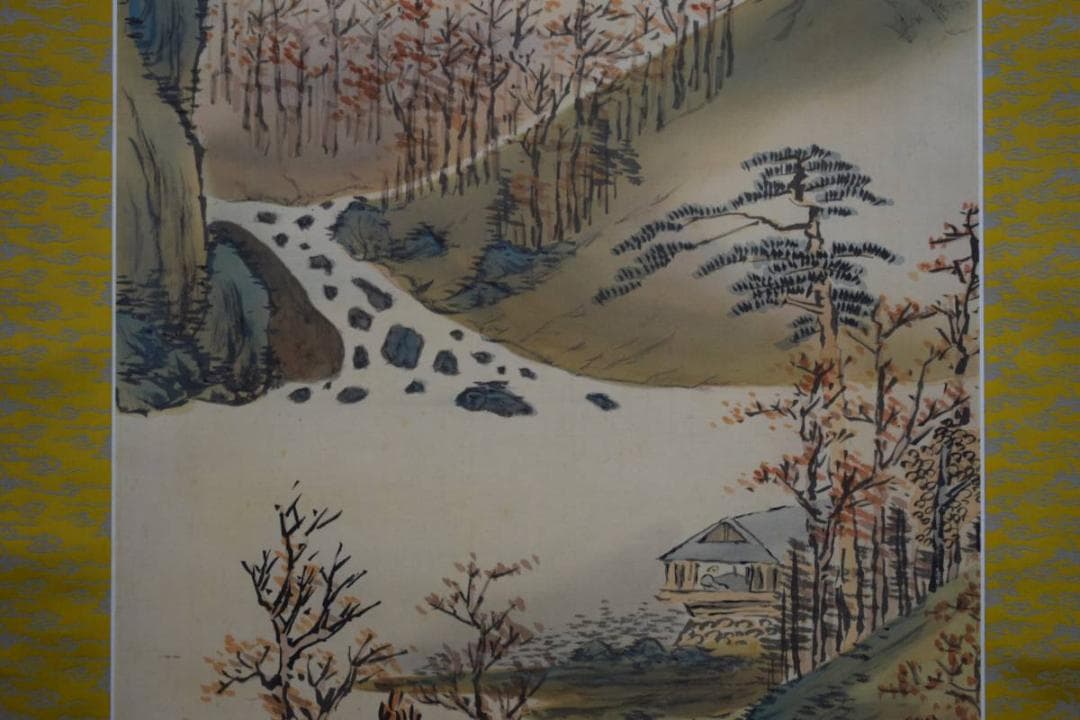 真作/姫島竹外/青緑秋景山水図/桐共箱二重箱付/布袋屋掛軸HD-942