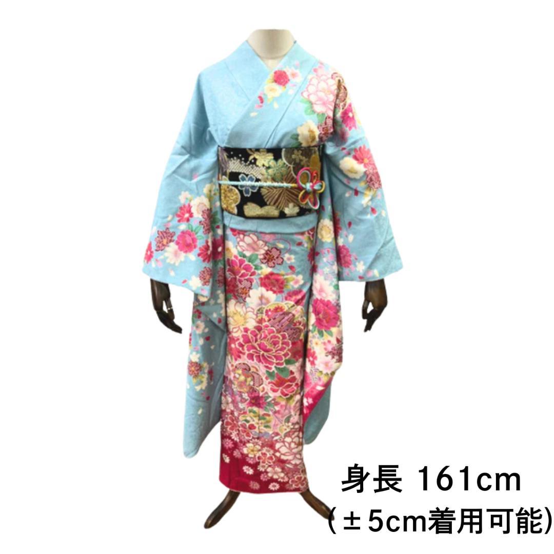 【お得品】 振袖セット 成人式 正絹 古典柄 振袖 水色 S*12 ●