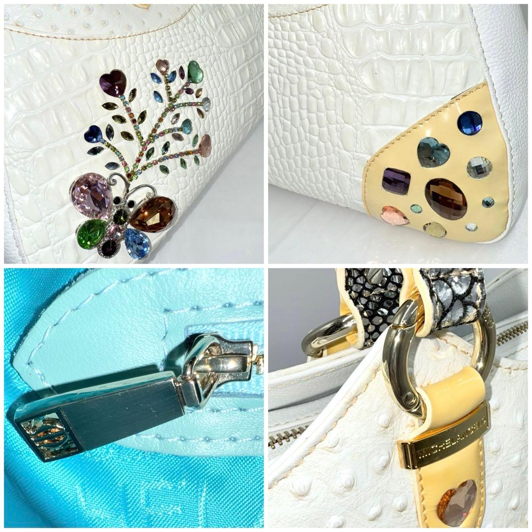 ✨良品✨ ミケランジェロ ビジュー 装飾 型押しレザー トート ハンドバッグ