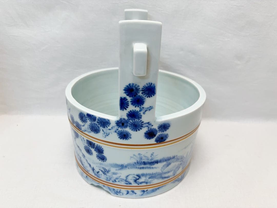 未使用 茶道具 八十翁 石泉作 瀬戸染付 唐子絵 手桶水指 割蓋 底印 共箱