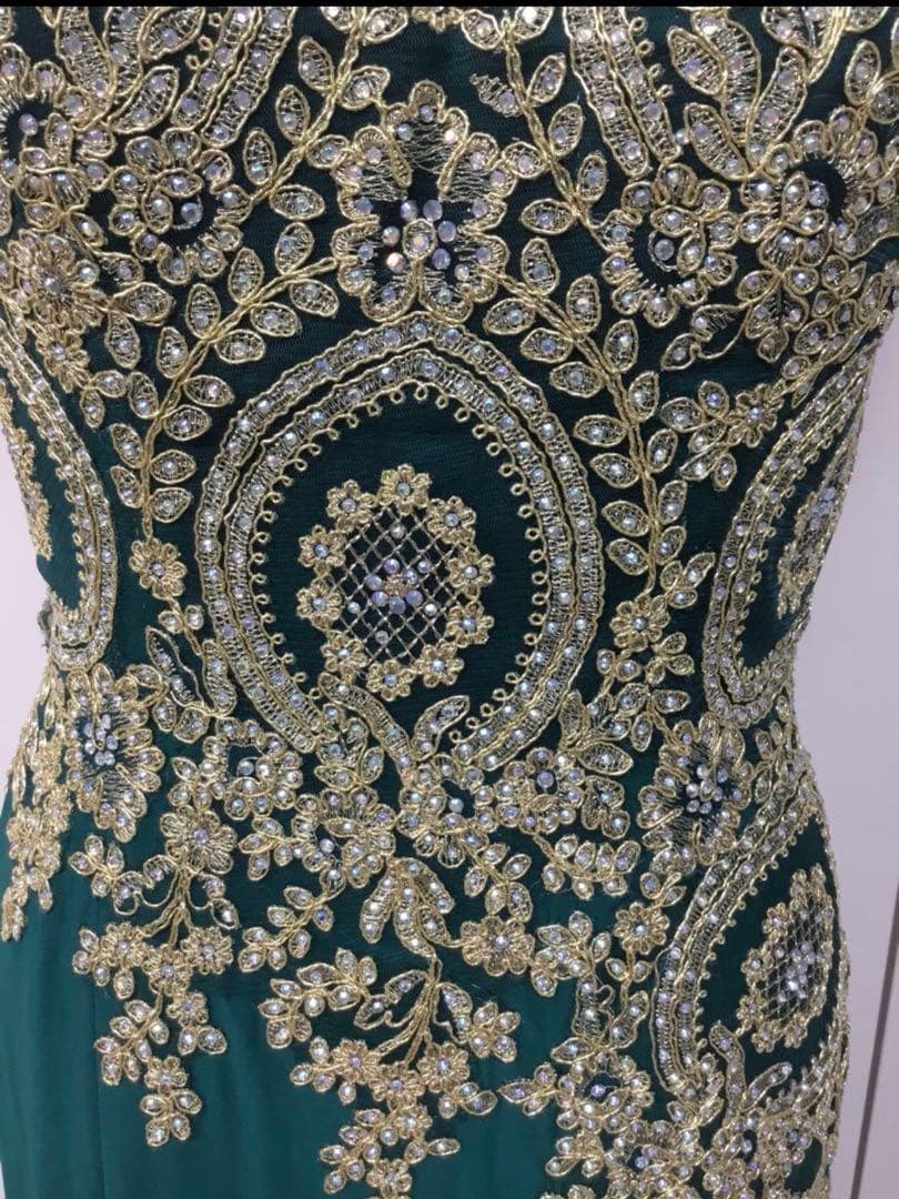 ダークグリーン ワンショルダー パーティードレス