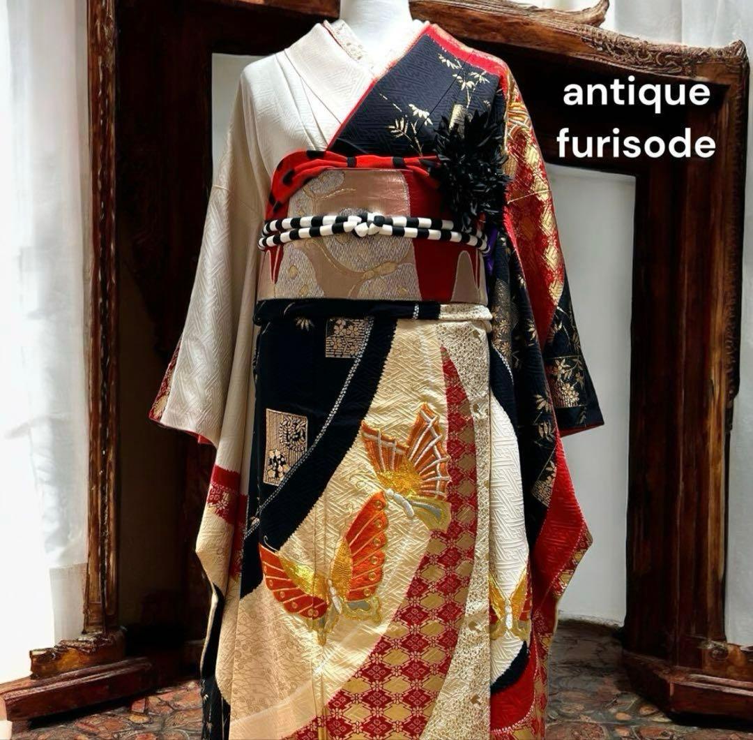 アンティーク振袖㊗️赤黒白 蝶の金駒刺繍 本絞り染め 型染④点セット