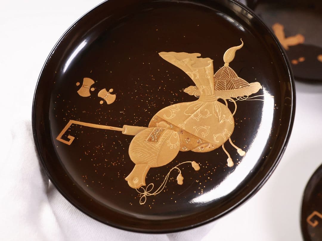 【MB192】輪島塗 宝尽くし金蒔絵 黒塗椀 二客 天然木漆塗 大正昭和 茶懐石