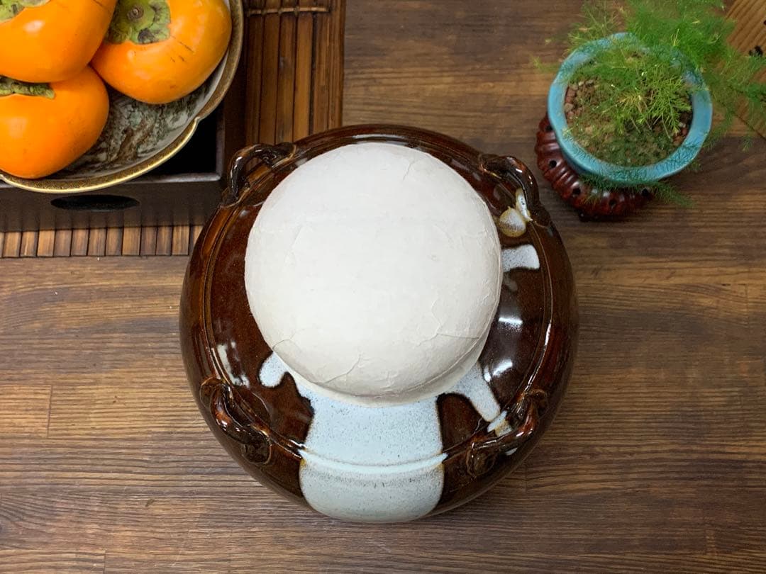 美品　大茶壷　飾り茶壺　呂宋壷 口覆仕服 荒磯網 口紐付　在銘　共箱　茶道具