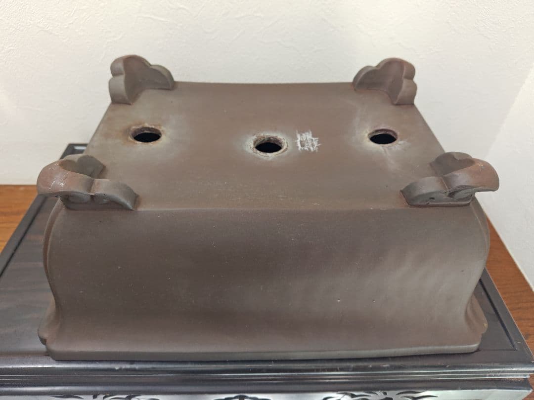 陶器製長方形盆栽鉢 ブラウン 約47cm×36cm×19.5cm　落款　太山