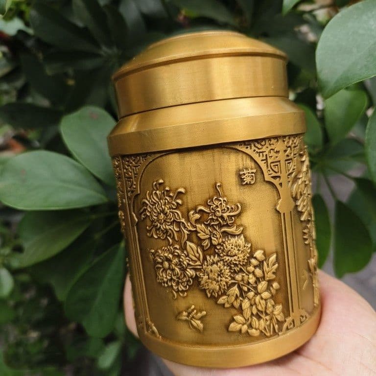 銅 細工 梅蘭竹菊茶缶 密封貯蔵缶 茶道工芸品 置物