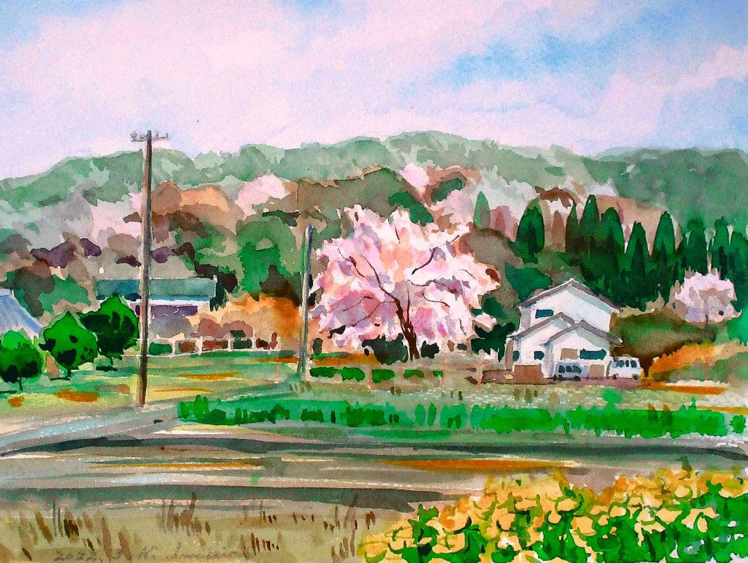 桜の風景 水彩画 額装付き 原画