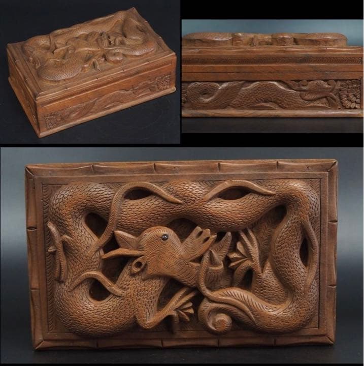 送料無料　時代物　龍彫刻からくり宝石箱　珍品木箱