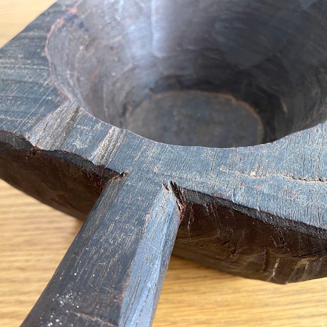 アンティーク 民藝 木工 把手付臼 花器 ブロカント インド FOLK ART