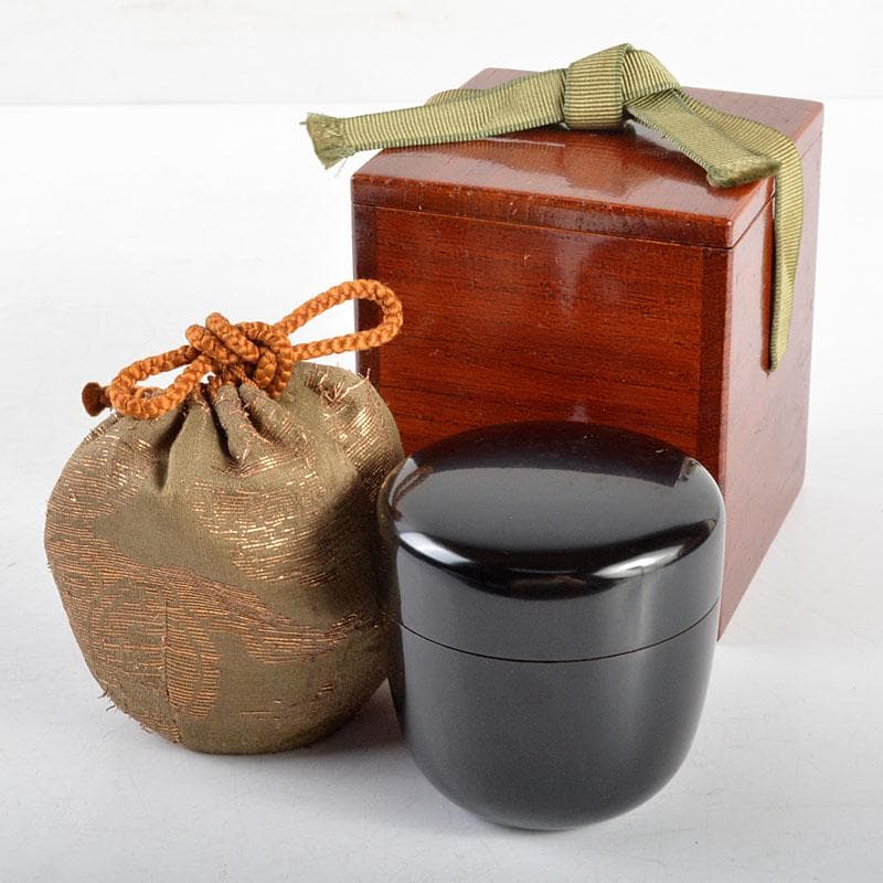 茶道具　塗師　川瀬表完作　黒中棗　仕覆付　淡々斎極め箱　M　R4879