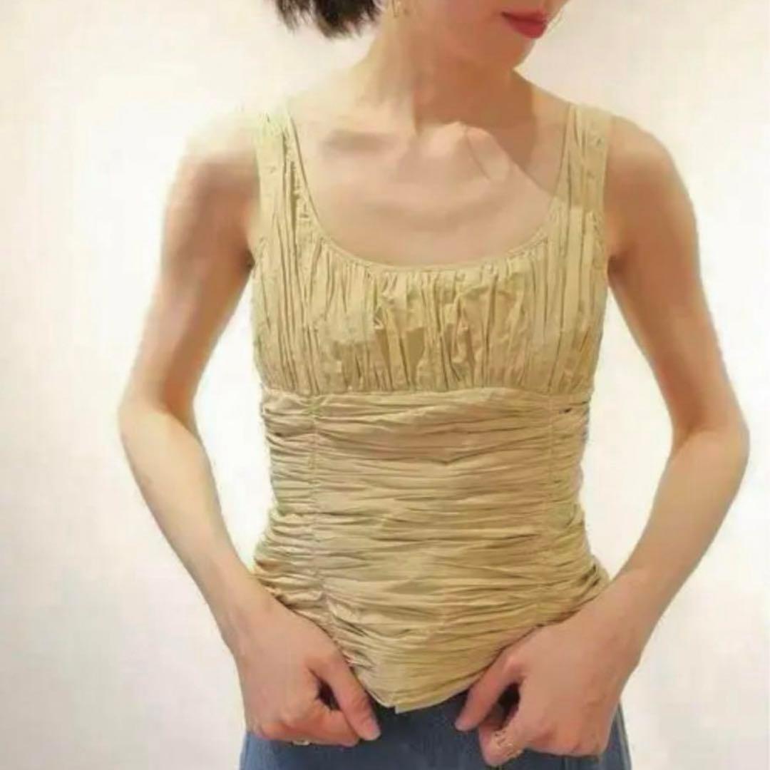 ベージュ プリーツ加工 タンクトップ ビスチェ