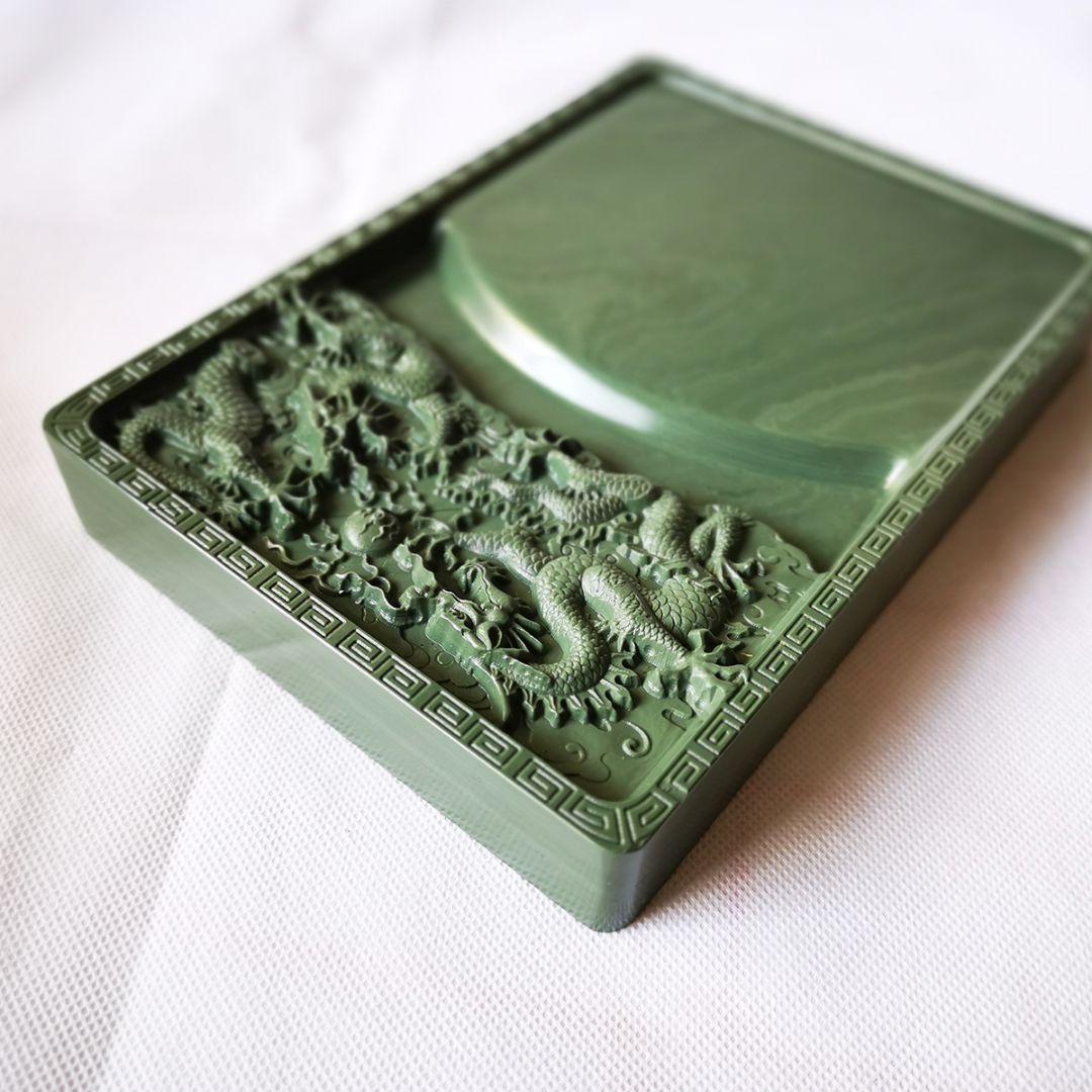 硯 松花硯 二龍戯珠硯 書道具 文房具 工芸品 美術品 置物