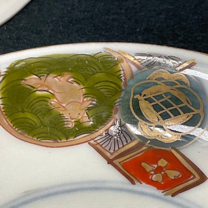 蔵出し　骨董　小皿　5枚セット　うさぎ　風炉釜　桃図