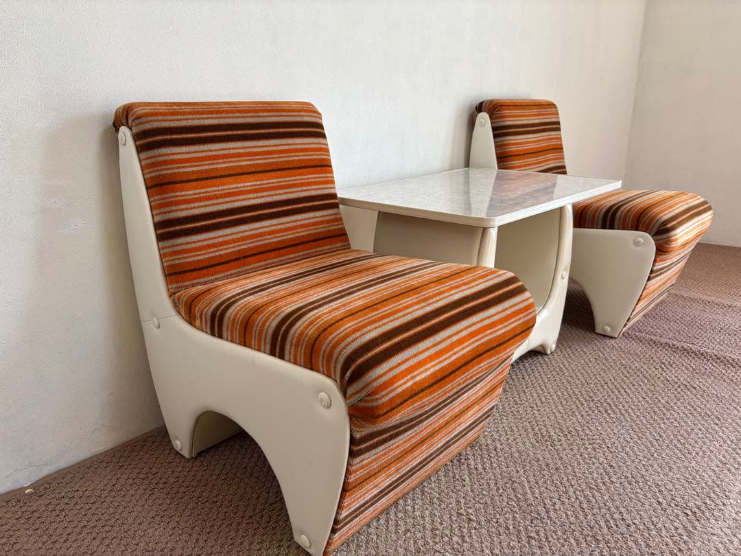 昭和レトロ◼️ミッドセンチュリー 未使用ソファセット 1970年オレンジストライプ