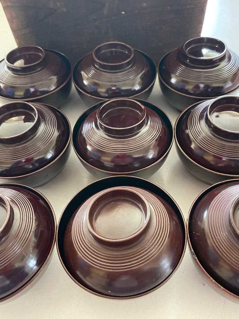 時代 漆塗木製 筋目金蒔絵 網干花木 小椀 9客セット 共箱 漆器 懐石道具