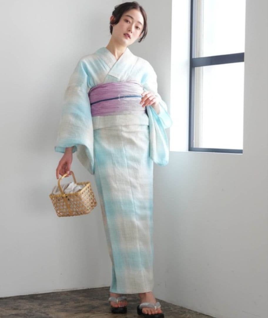 【新品】浴衣　セット 近江ちぢみ 水色　麻100%　日本製　高級浴衣