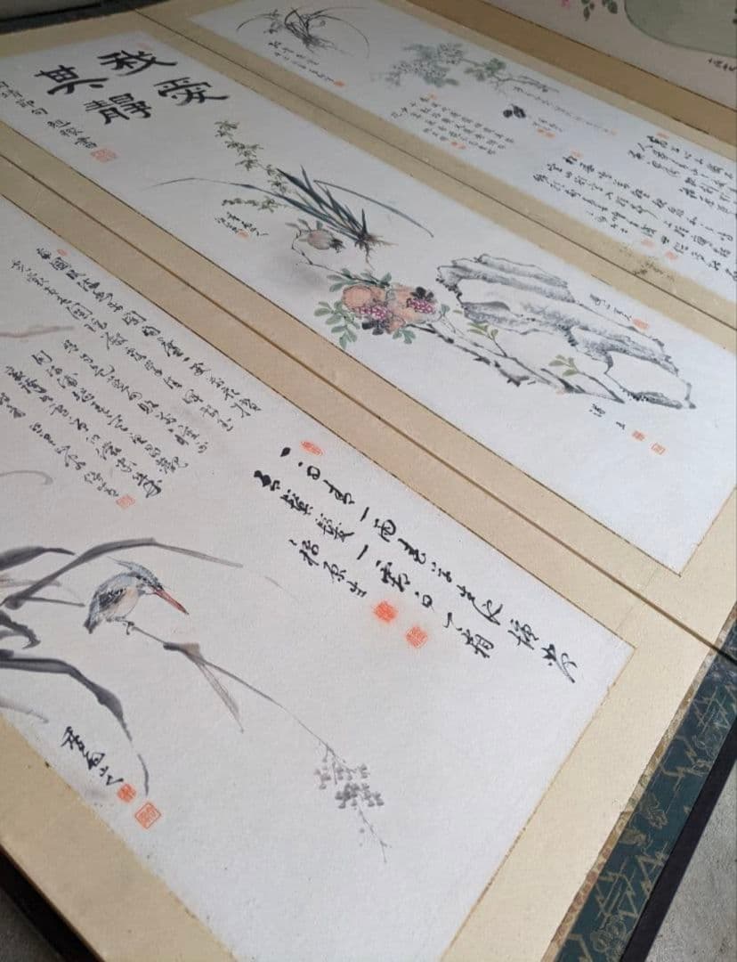 雪渓など/六曲屏風と木箱セット/明治期書画家の合作/希少骨董古美術vintage