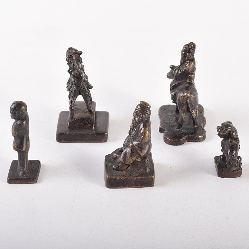 中国　古銅宣徳銅　篆刻　人物摘　獅子摘など　印材　5点まとめて　G　R7651