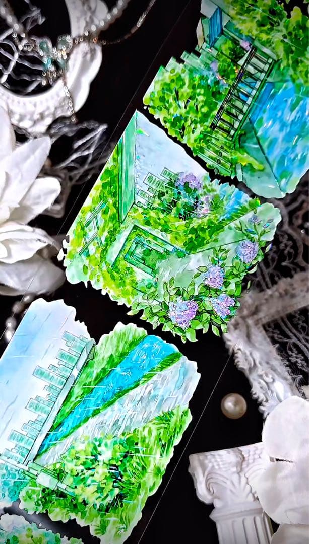 【8902】海外　マステ　3/5/巻　貝殻光マスキングテープ　雨景色　公園