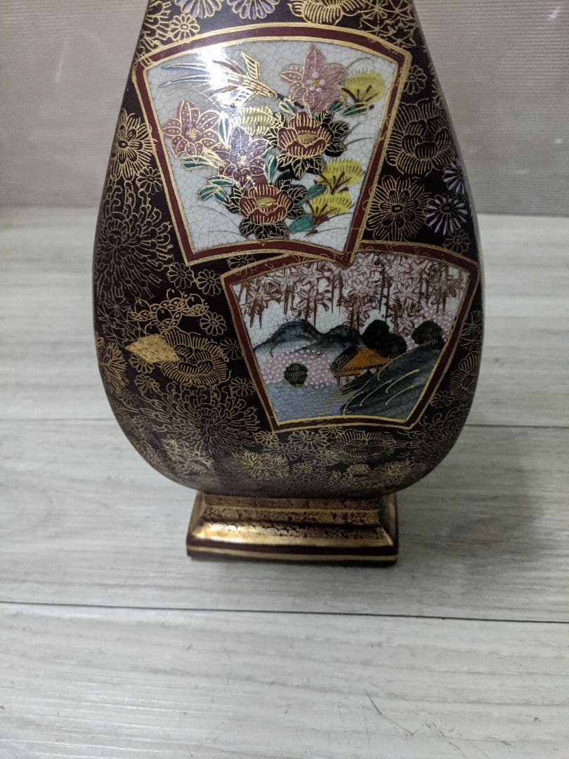 薩摩焼　飾り壷　金彩　金つぶ　山水　花鳥文　花瓶　連山　飾り耳付