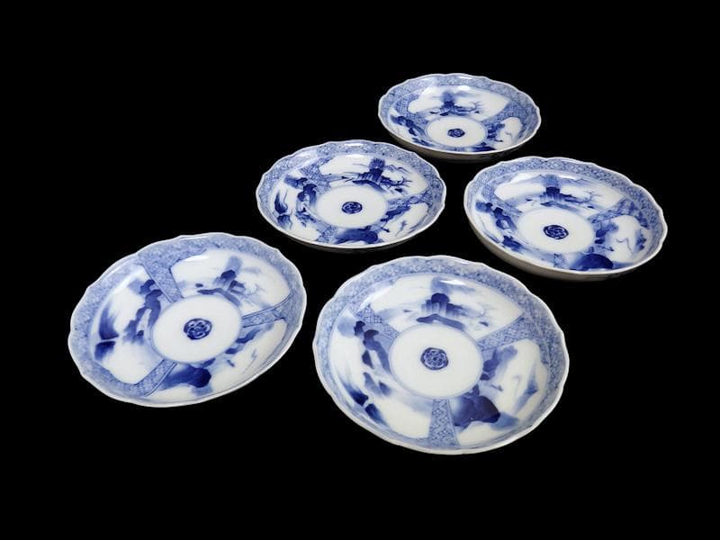 平戸　伊万里　立正堂製　割絵　山水紋の図　4寸皿　５枚　D083AS-DBi