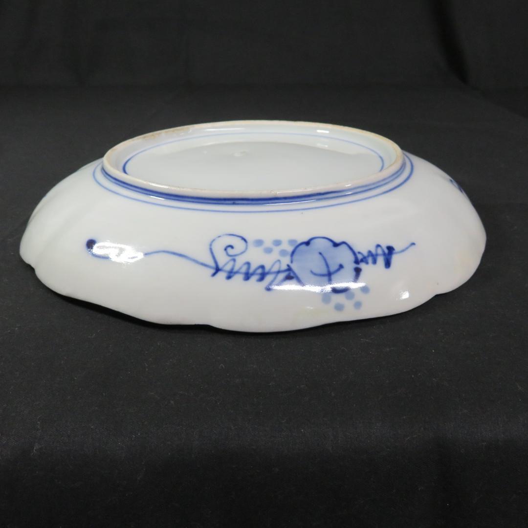 大皿 染付 古伊万里 明治 大正 山水 花文様 家屋 帆船 窯傷 名家 5枚