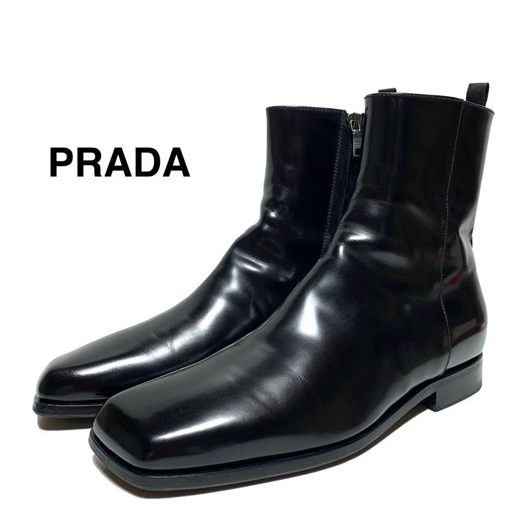 ☆良品 プラダ スクエアトゥ レザー サイドジップ ブーツ 黒 イタリア製 革靴
