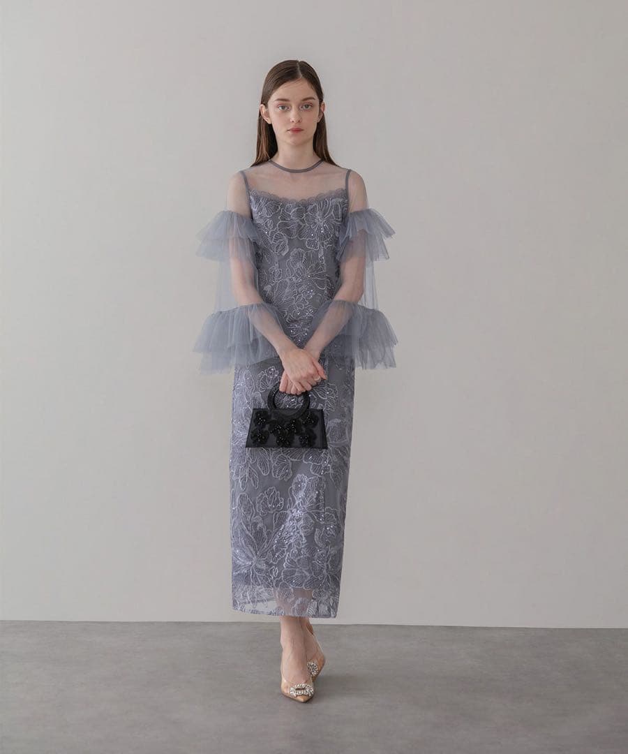 【himawari.】LEJA フリルチュールスリーブレースIラインワンピ