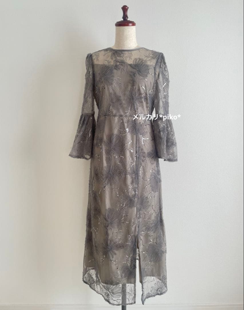 【1回着用】☆Leja レジャ スパンコールレーススリーブIラインロングドレス