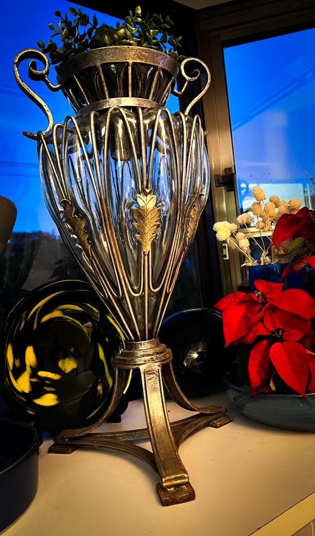 Antiqueアンティーク Ornate華やかな Glassガラス 金属 花瓶