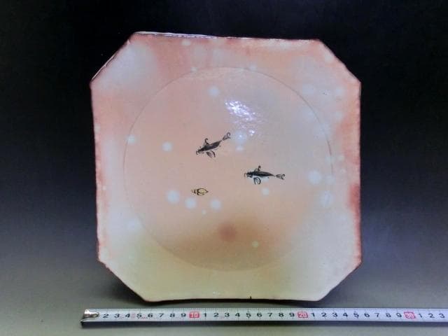 皿■魚 貝 【番浦史郎】ばんうらしろう ピンク 京焼 土物 時代物 骨董品■