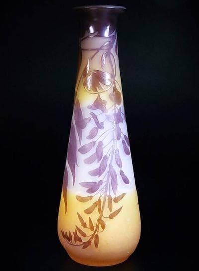 真作証明書付 エミール・ガレ 藤文 花器 多層被せガラス 高さ39.7cm