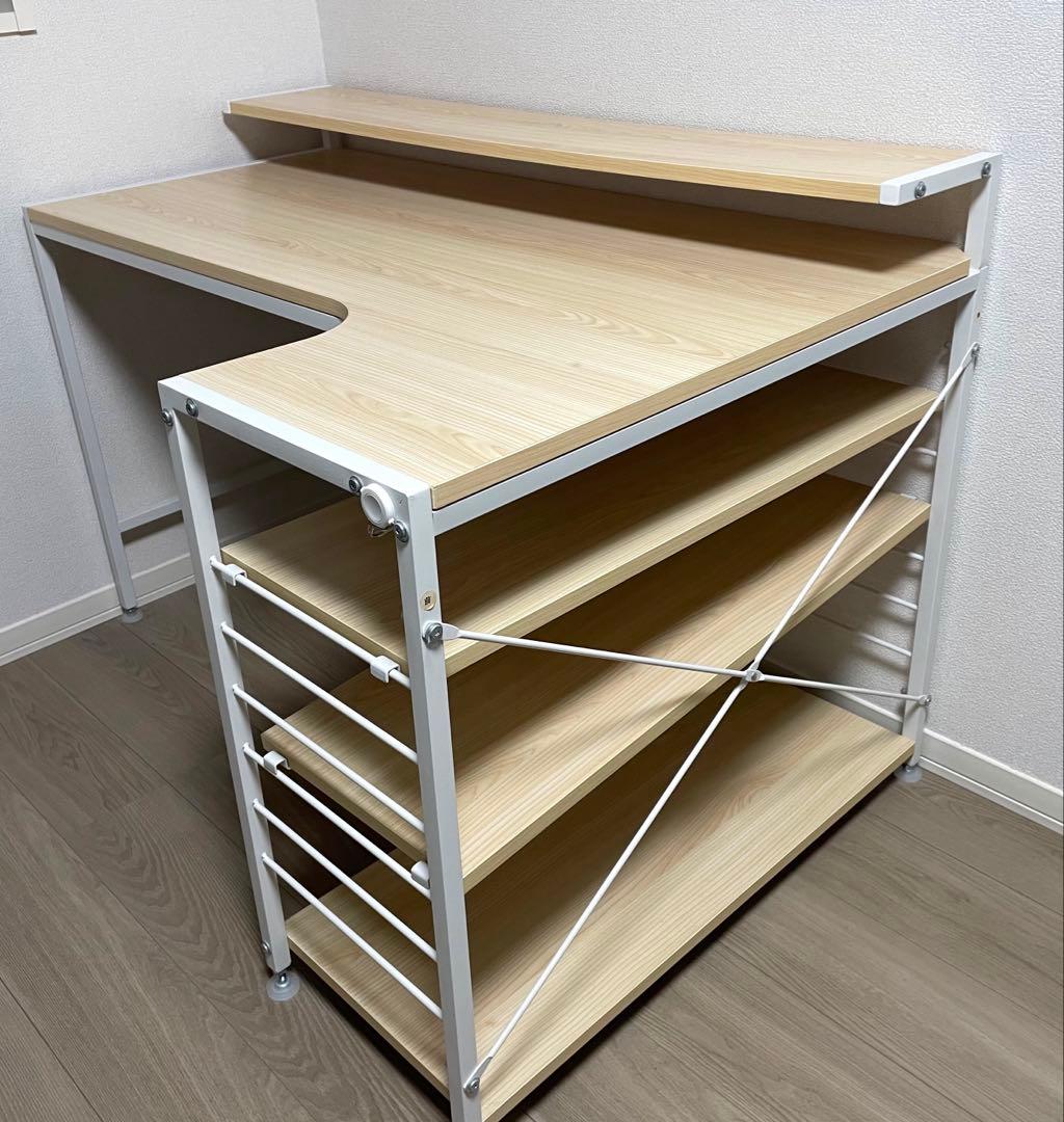 【美品】L字型パソコンデスク ディスプレイ棚付き ナチュラルカラー