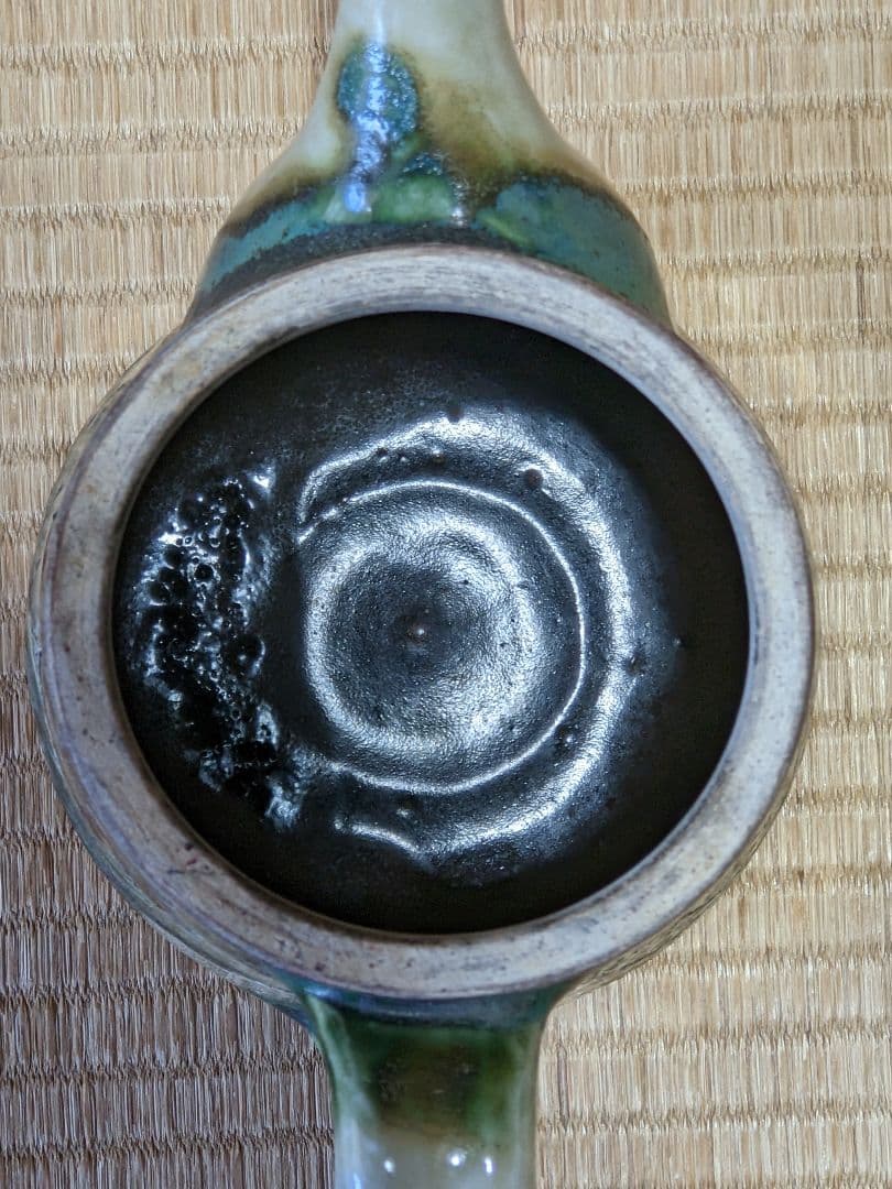 ♦民藝 琉球焼 緑釉流し掛け 箆彫り 草花文 水注 ポット 沖縄 やちむん骨董品