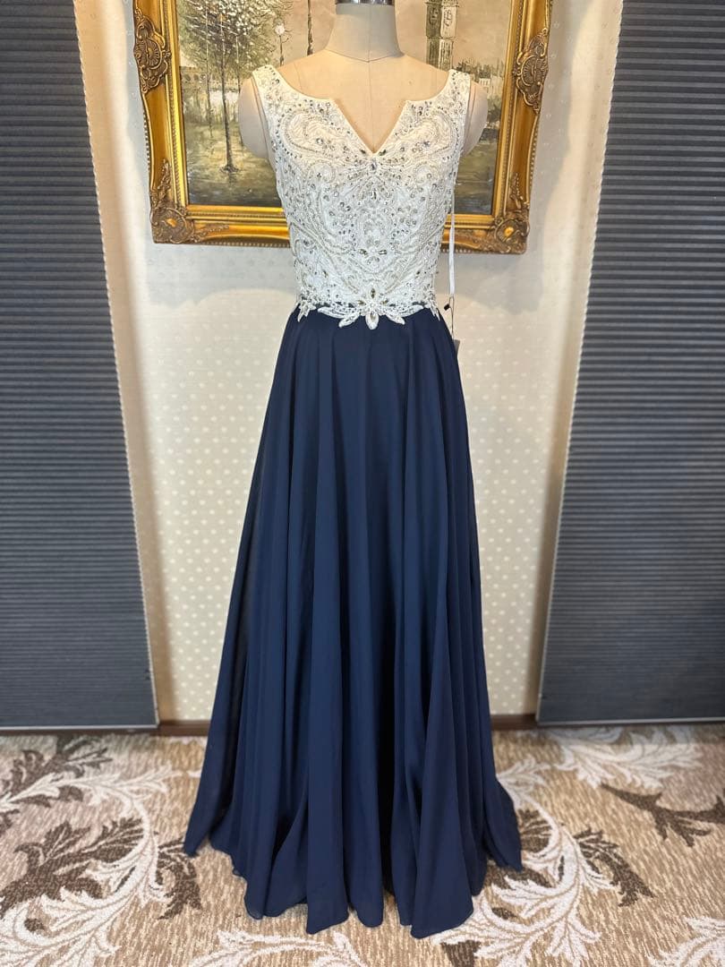 ネイビー ビーズ刺繍Aラインロングドレス