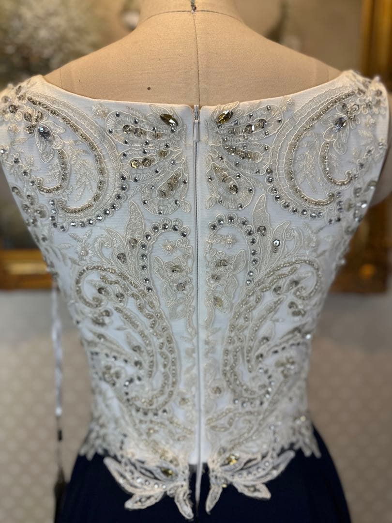 ネイビー ビーズ刺繍Aラインロングドレス