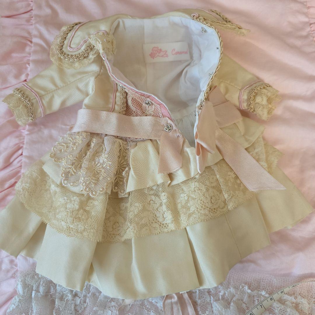 作家様　アンティークビスクドール　ドレス　シルク　ボネ付き　キャビネットサイズ