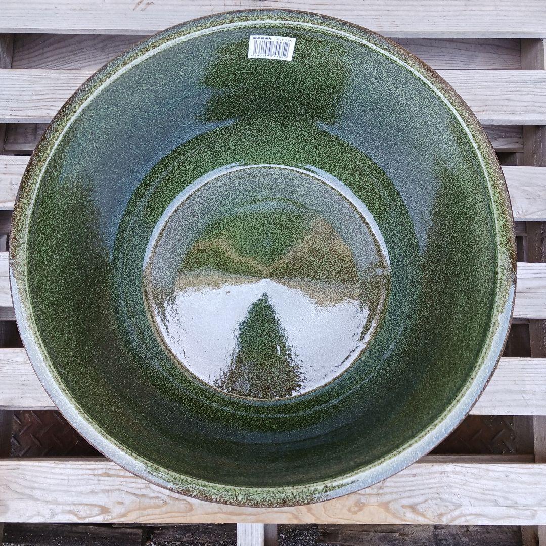 新品　特大50　陶器睡蓮鉢　メダカ鉢　難有　エメラルドグリーン　緑黒　高級LBK