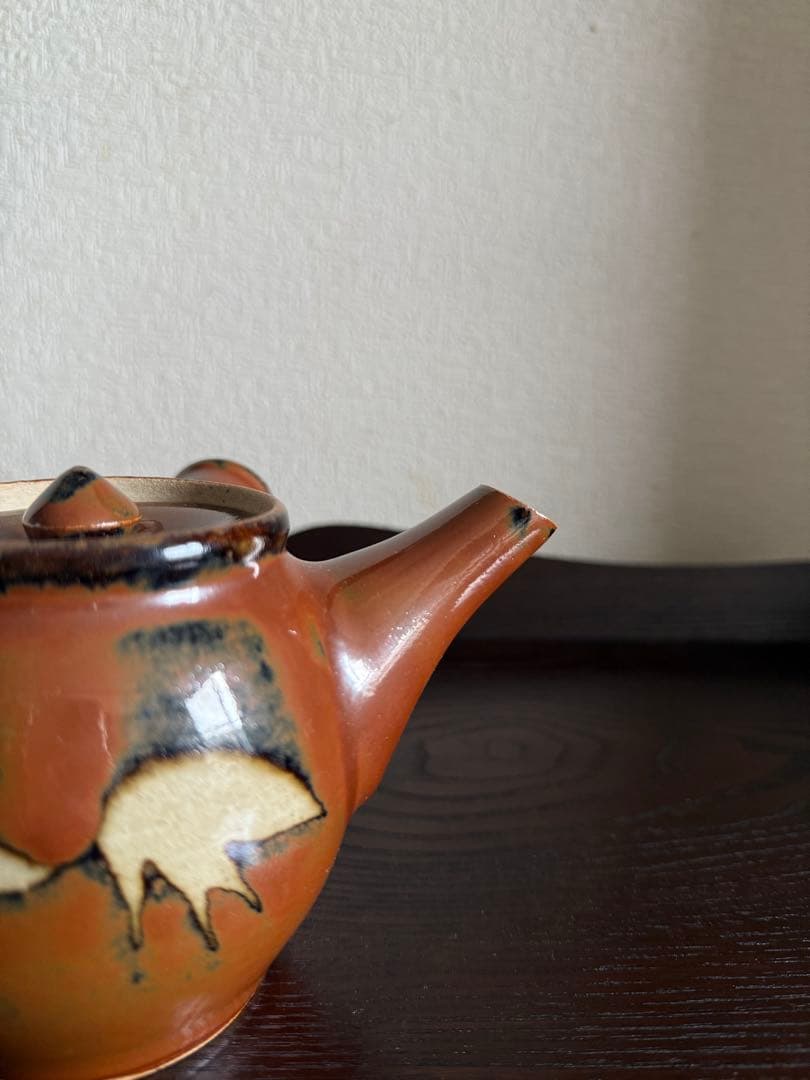 民藝 古作 益子焼 柿釉 抜絵 茶器揃 急須 湯呑み4客 古民藝 民芸