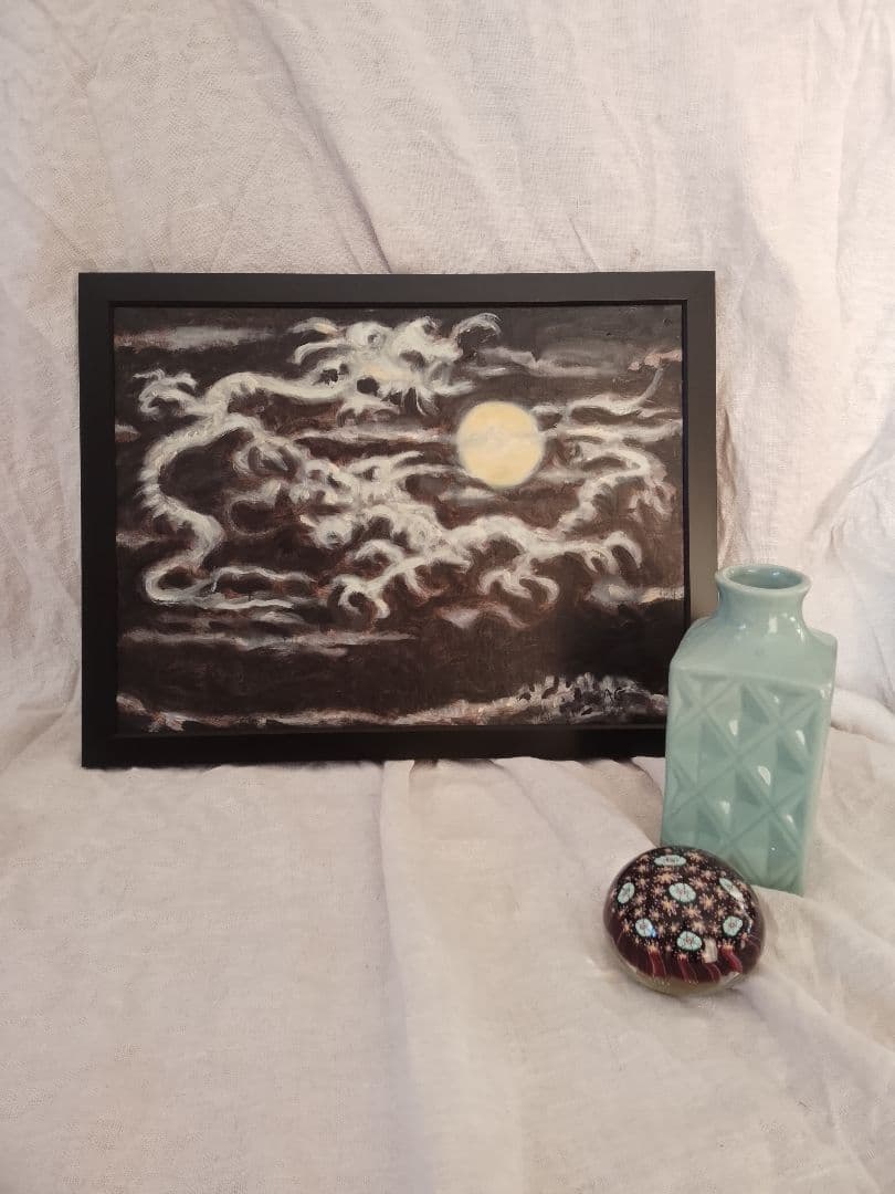 月と龍。油彩画 11ｘ9 インチサイズ