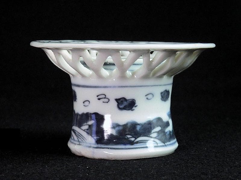 古伊万里　染付　透かし　波千鳥の図　盃台　D195AS-fbhb