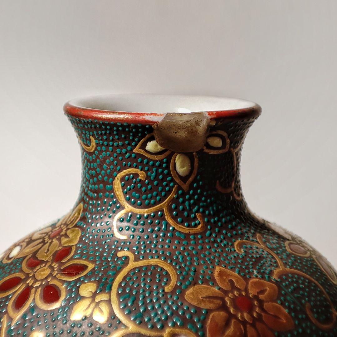 九谷焼　超細密金彩青粒手四君子図四方徳利　一対