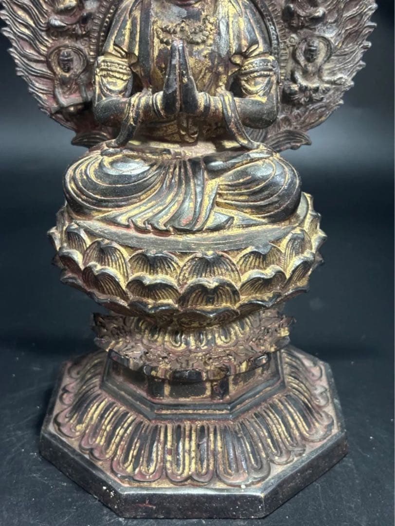 仏教古美術 純銅静座観音 銅製　仏像 蓮の台座 多仏像付き　観音