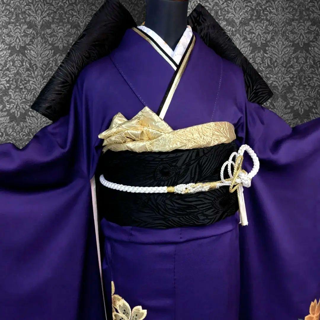 振袖フルセット(7点)・成人式・色無地振袖・高級縮緬・金刺繍・金彩加工・モダン