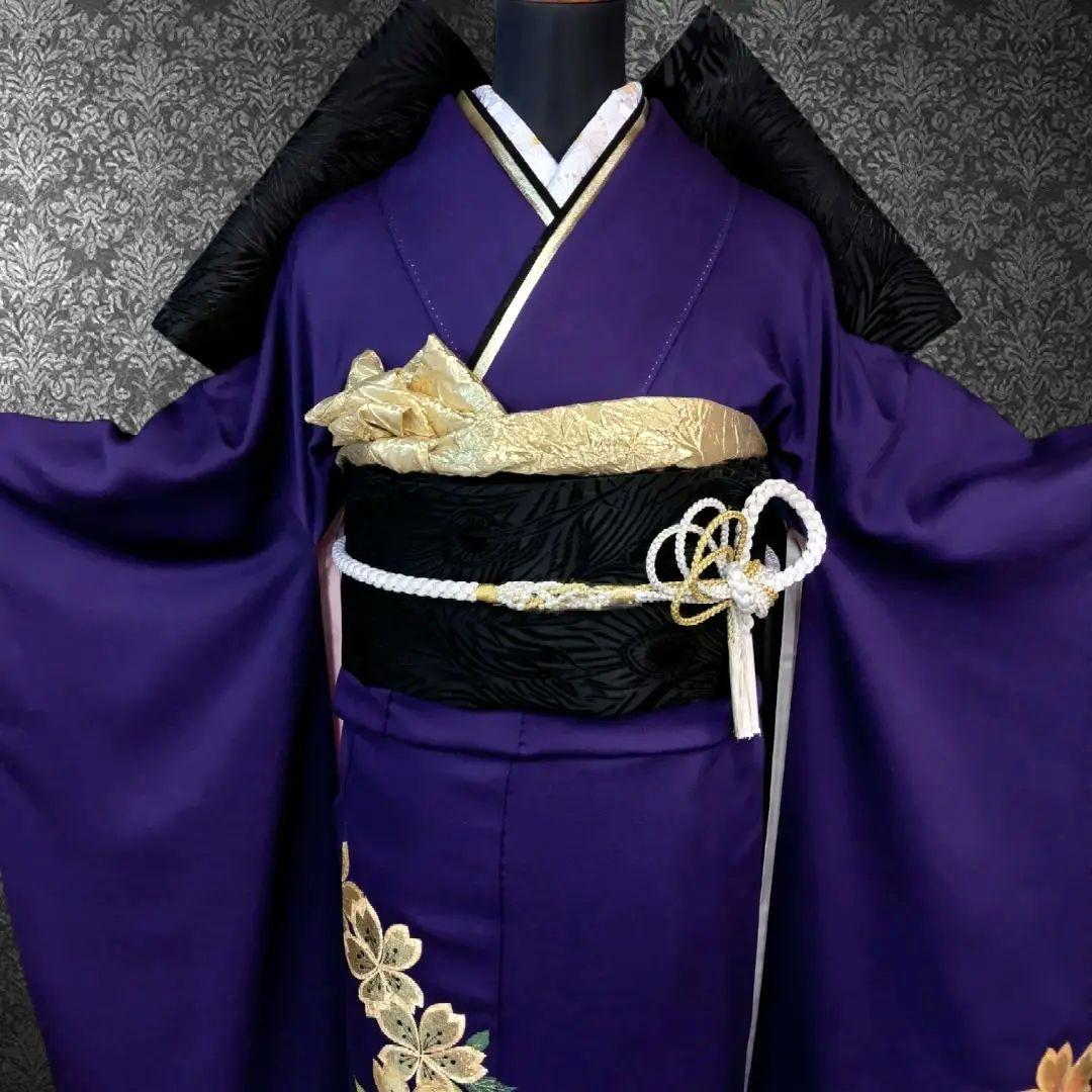 振袖フルセット(7点)・成人式・色無地振袖・高級縮緬・金刺繍・金彩加工・モダン