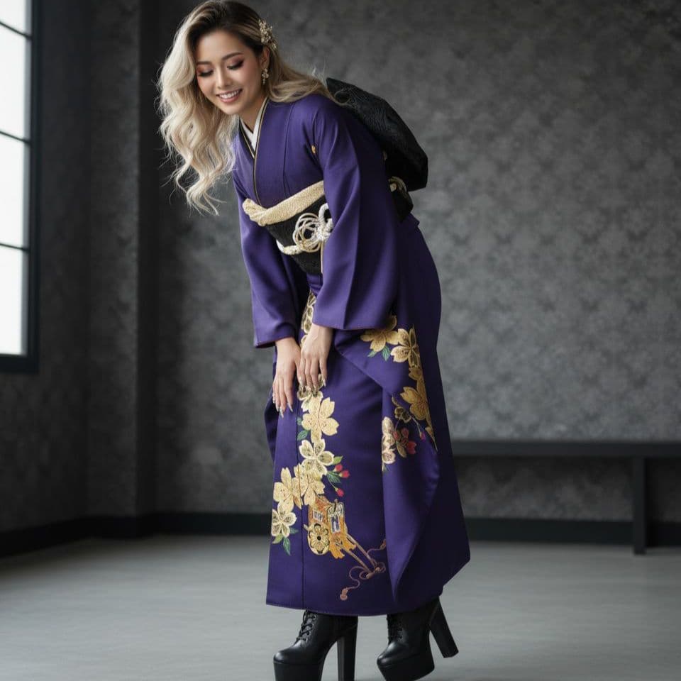 振袖フルセット(7点)・成人式・色無地振袖・高級縮緬・金刺繍・金彩加工・モダン