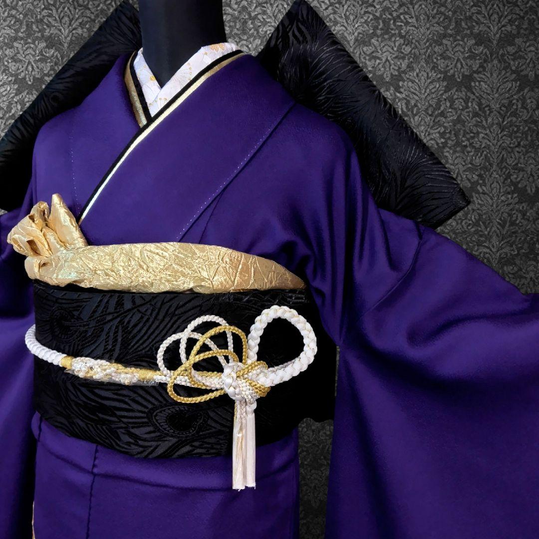 振袖フルセット(7点)・成人式・色無地振袖・高級縮緬・金刺繍・金彩加工・モダン