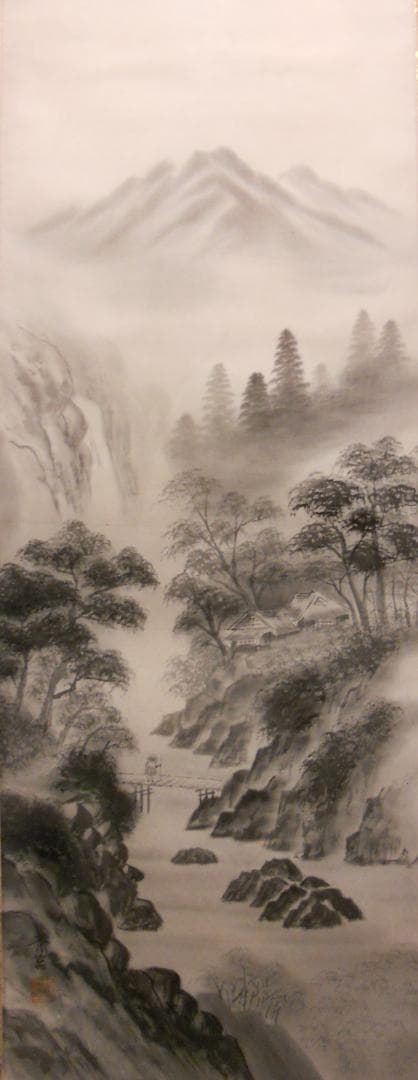 掛け軸 佐久間青苔 水墨山水 絹本 希少 軸装 茶道具 掛軸 美品 です。