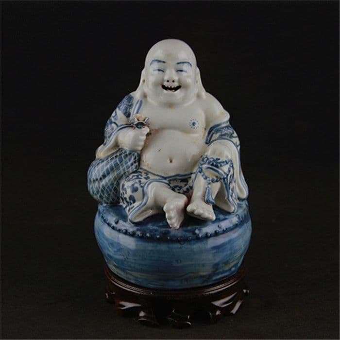 中国美術 青花坐鼓布袋羅漢仏像 陶磁器 装飾品 工芸品 置物